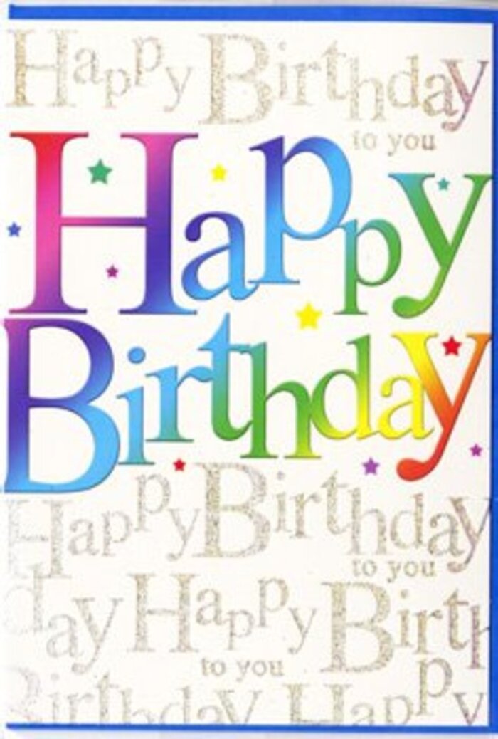 In this image, a birthday card radiates the sort of vibrant optimism that suits a cheerful Charlton celebration. The front is dominated by the words Happy Birthday, written in large, bold letters that seem almost to dance across the page. Each letter is coloured differently, forming a rainbow sweep of hues that glide from deep magentas and berry reds through royal purples and sapphire blues to teal, grassy green, and soft, buttery yellow. The colour blending is smooth and seamless, reminiscent of the way a thoughtful florist might combine shades in a bright hand-tied bouquet for a party near Charlton Park or on a quiet street off Charlton Church Lane. The letters have a sleek, semi-gloss look, suggesting a card stock that is both robust and pleasantly smooth to the touch. Behind this striking message lies a second, more delicate layer of design: rows of Happy Birthday to you written in elegant gold script. The handwriting-style lettering repeats in consistent lines, like the refrain of a favourite song, adding texture and depth. The gold has a refined shimmer that catches the light gently, similar to late-afternoon sun on the rooftops around Charlton Village, rather than a heavy glitter effect. Tiny coloured specks, dots, and starbursts are scattered around the bold text, echoing the look of confetti tossed over a celebration table. The overall feeling is one of joy, warmth, and thoughtful design-a card that looks perfectly at home beside a vase of fresh flowers in a Charlton living room, ready to help mark a birthday with both lively colour and a touch of elegance.