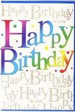 This birthday card captures the feeling of a bright, happy day in Charlton, as if the party has already begun. Bold letters spelling Happy Birthday stretch across the centre, each one dressed in its own colour, forming a smooth rainbow sweep. The colours move from rich reds and pinks into velvety purples and cool blues, then on through turquoise, lively greens, and soft, sunny yellows, much like the palette you might see in a cheerful birthday bouquet arranged for a home near Charlton Park or along Woolwich Road. The letters appear slightly raised and softly glossy, suggesting a quality card stock that reflects ambient light in a gentle sheen. Behind the vivid greeting, the background is filled with delicate lines of golden cursive, the phrase Happy Birthday to you repeated over and over as though written carefully by hand. The metallic gold ink shimmers subtly, providing a gentle glow akin to candlelight at a birthday table, adding sophistication to the playful colour front. Scattered across the design are tiny dots and star-like shapes in coordinating hues, giving the impression of confetti floating through the air or petals sprinkled onto a celebration table. The composition feels balanced and uplifting, equally suited to a child's party or an adult milestone. You can easily imagine this card standing proudly beside a bright floral arrangement from a local Charlton florist, ready to surprise someone in a cosy terraced house near Charlton Village or a modern flat with views toward the Thames, bringing with it a warm, colourful burst of birthday joy.
